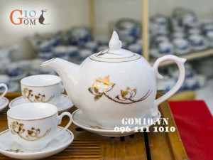 Bộ ấm chén dáng bưởi họa tiết sen vàng kim kẻ  chỉ vàng kim 650ml