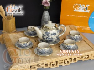 Bộ ấm chén dáng đào men rạn cổ bọc đồng 600ml