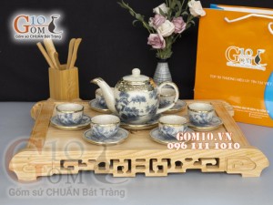 Bộ ấm chén dáng đào men rạn cổ bọc đồng 600ml