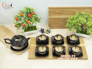 Bộ ấm chén dáng quả hồng men hoả biến chén lòng hoa, 350ml