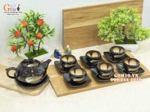 Bộ ấm chén dáng quả hồng men hoả biến chén lòng hoa, 350ml