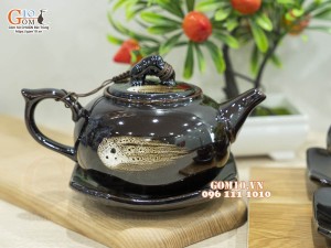 Bộ ấm chén dáng quả hồng men hoả biến chén lòng hoa, 350ml