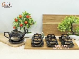 Bộ ấm chén dáng quả hồng men hoả biến chén lòng hoa, 350ml