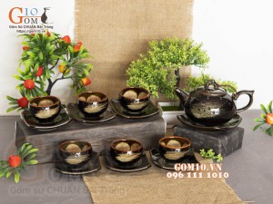 Bộ ấm chén dáng quả hồng men hoả biến chén lòng hoa màu mật ong 350ml