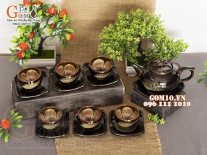 Bộ ấm chén dáng quả hồng men hoả biến chén lòng hoa màu mật ong 350ml