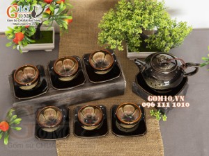 Bộ ấm chén dáng quả hồng men hoả biến chén lòng hoa màu mật ong 350ml