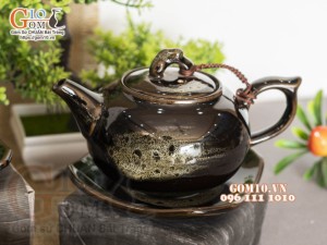 Bộ ấm chén dáng quả hồng men hoả biến chén lòng hoa màu mật ong 350ml