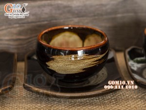 Bộ ấm chén dáng quả hồng men hoả biến chén lòng hoa màu mật ong 350ml