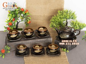 Bộ ấm chén dáng quả hồng men hoả biến chén lòng hoa màu mật ong 350ml