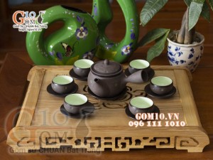 Bộ ấm chén dáng cao quai ngang gốm hồng sa, khắc sao xanh, 350ml