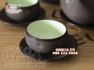 Bộ ấm chén dáng cao quai ngang gốm hồng sa, khắc sao xanh, 350ml