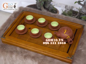 Bộ ấm chén gốm quai ngang đắp hoa sen đỏ, 280ml