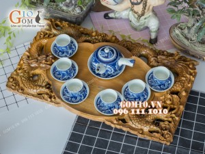 Bộ ấm chén long ẩn quai ngang kèm khay trà song long