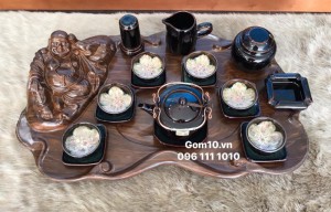 Bộ ấm chén men đen hoả biến - chén lòng hoa kèm phụ kiện 4 món