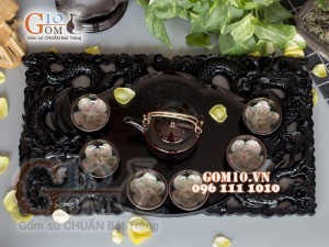 Bộ ấm chén men hoả biến đen, chén lòng hoa