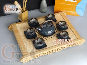 Bộ ấm chén men hoả biến rêu - chén lòng hoa 