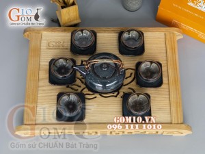 Bộ ấm chén men hoả biến rêu - chén lòng hoa 