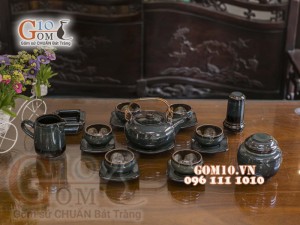 Bộ ấm chén men hoả biến rêu - chén lòng hoa đầy đủ phụ kiện