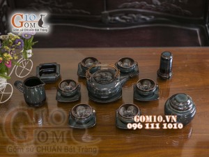 Bộ ấm chén men hoả biến rêu - chén lòng hoa đầy đủ phụ kiện