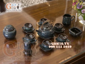 Bộ ấm chén men hoả biến rêu - chén lòng hoa đầy đủ phụ kiện