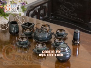 Bộ ấm chén men hoả biến rêu - chén lòng hoa đầy đủ phụ kiện