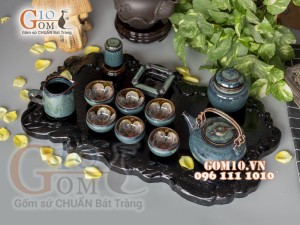 Bộ ấm chén men hoả biến rêu, chén lòng hoa - đầy đủ phụ kiện
