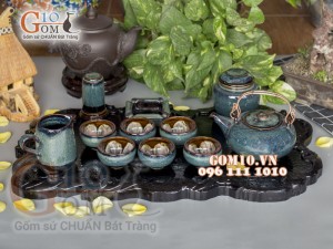 Bộ ấm chén men hoả biến rêu, chén lòng hoa - đầy đủ phụ kiện