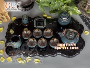 Bộ ấm chén men hoả biến rêu, chén lòng hoa - đầy đủ phụ kiện