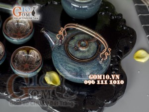Bộ ấm chén men hoả biến rêu, chén lòng hoa - đầy đủ phụ kiện