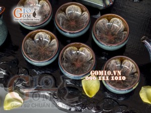 Bộ ấm chén men hoả biến rêu, chén lòng hoa - đầy đủ phụ kiện