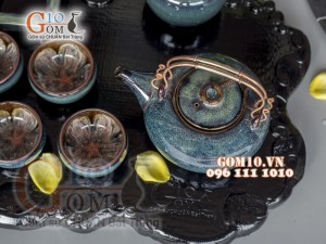 Bộ ấm chén men hoả biến rêu, chén lòng hoa - đầy đủ phụ kiện
