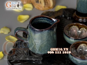 Bộ ấm chén men hoả biến rêu, chén lòng hoa - đầy đủ phụ kiện