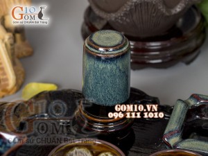 Bộ ấm chén men hoả biến rêu, chén lòng hoa - đầy đủ phụ kiện