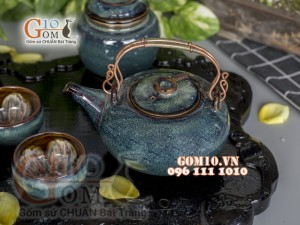 Bộ ấm chén men hoả biến rêu, chén lòng hoa - đầy đủ phụ kiện