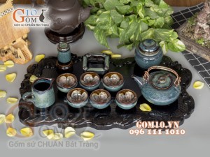 Bộ ấm chén men hoả biến rêu, chén lòng hoa - đầy đủ phụ kiện