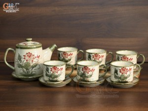 Bộ ấm trà men vuốt vẽ hoa sen đỏ, 750ml