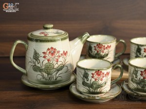 Bộ ấm trà men vuốt vẽ hoa sen đỏ, 750ml