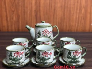Bộ ấm trà men vuốt vẽ hoa sen đỏ, 750ml