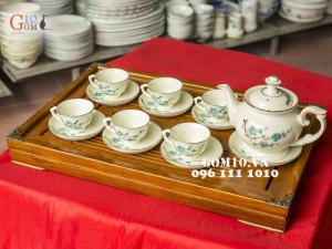 Bộ ấm chén Phú Quý Vẽ Đào Xanh Men Kem, Chỉ Vàng Kim 