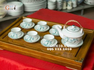 Bộ ấm chén Quai Đồng Vẽ Sen Xanh Men Trắng