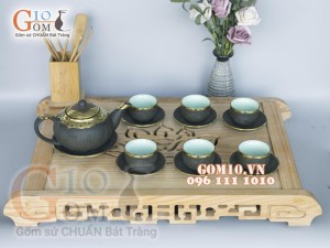 Bộ ấm chén tống rêu Phúc Lộc Thọ bọc đồng cao cấp