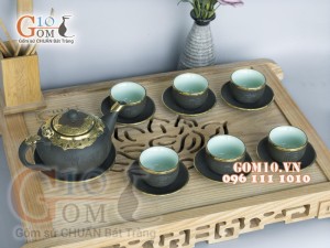 Bộ ấm chén tống rêu Phúc Lộc Thọ bọc đồng cao cấp