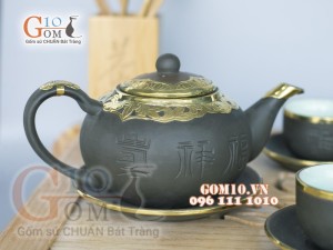 Bộ ấm chén tống rêu Phúc Lộc Thọ bọc đồng cao cấp