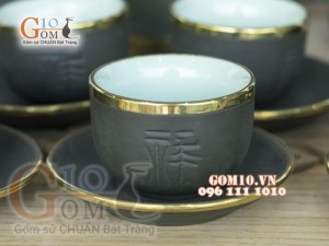 Bộ ấm chén tống rêu Phúc Lộc Thọ bọc đồng cao cấp