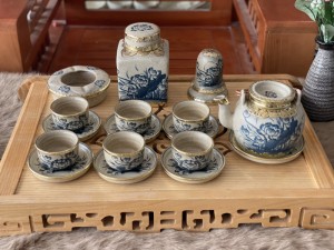 Bộ ấm chén vung lõm  vẽ hoa sen men rạn cổ bọc đồng đầy đủ phụ kiện 