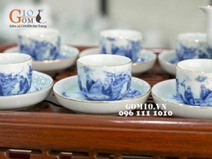 Bộ ấm chén vung lõm men lam cổ vẽ trúc lâm thất hiền kẻ chỉ vàng kim