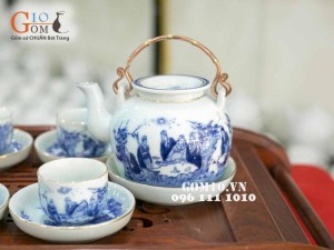 Bộ ấm chén vung lõm men lam cổ vẽ trúc lâm thất hiền kẻ chỉ vàng kim