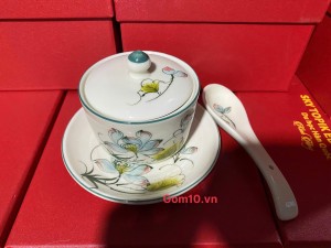 Bộ ăn súp men kem vẽ hoa sen màu