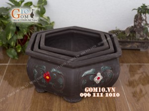 Bộ ang chậu đất nung lục giác 3 chiếc gốm đen