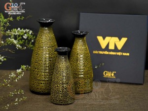 Bộ ba bình đầm cao men đơn sắc, cao 22cm (hộp xi lụa cao cấp VTV)
